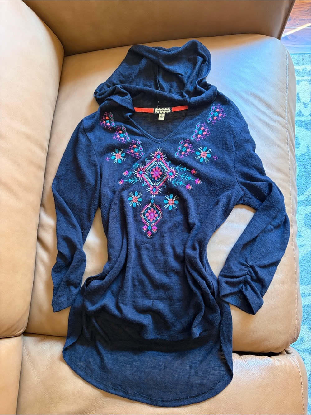 Soft Navy Hooded Embroidered Tunic Top